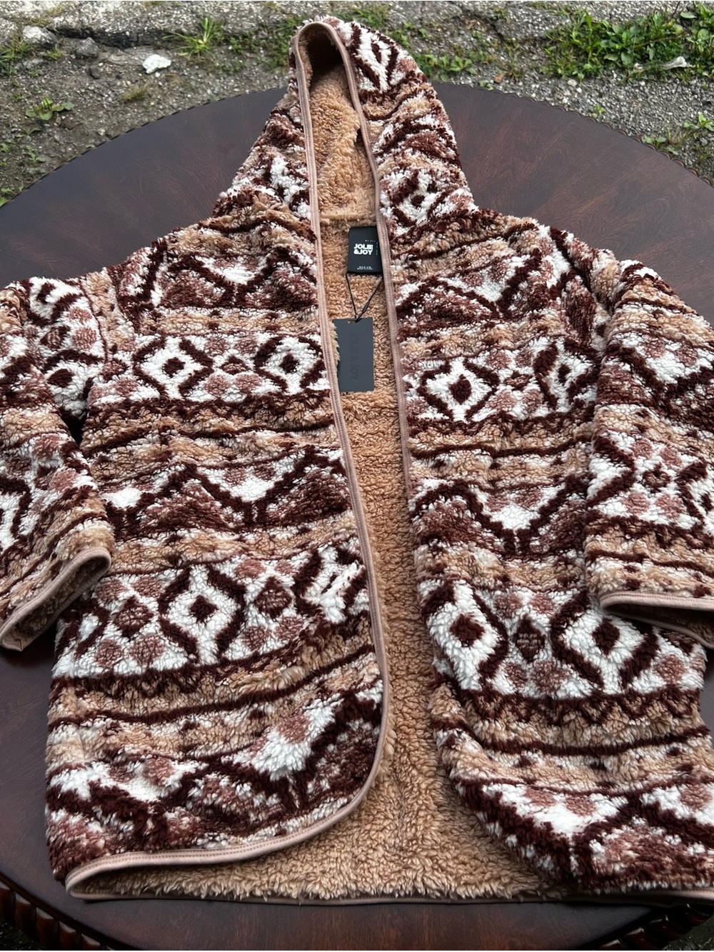 Women’s Hooded Sherpa Puffer Jacket in Brown & Cream